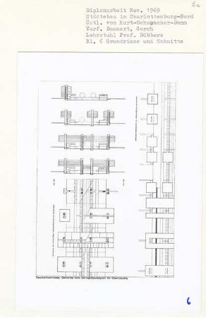 Städtebau östlich Kurt-Schumacher-Damm, Berlin-Charlottenburg (Diplomarbeit bei Kurt Dübbers): Geschäftsstraße, Gewerbe- bzw. Bürogebäudetypen für Überbauung, Grundrisse Untergeschoss, Erdgeschoss und Schnitte