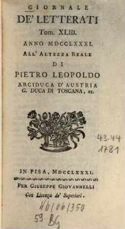 Giornale de'letterati. 43, 43. 1781