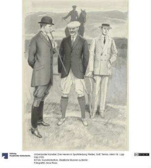 Drei Herren in Sportkleidung: Reiten, Golf, Tennis