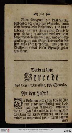 Verdeutschte Vorrede des Herrn Verfassers, W. Sewels