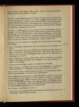 Ziele und Aufgaben des Lese- und Literaturunterrichts in den Klassen 5 und 6