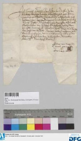 Dr. iur. utr. Heinrich Rudolff von Weze, fürstlich Clevischer Kanzler, stellt der Stadt Nürnberg Quittung aus über 400 fl. Stadtsteuer.