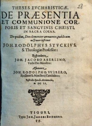 Theses eucharist. de praesentia et communione corporis et sanguinis Christi in sacra coena