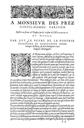 A Monsieur Des Prez Gentil-Homme Parisien. Epistre en forme de Preface sur la version de l'Harmonie Du Monde.