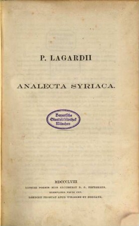Analecta syriaca : mit Appendix (28 pp.)