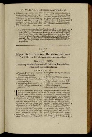 Tit. VII. De Stipendiis sive Salariis ac Reditibus Pastorum & ministrorum Ecclesiæ, eorumque immunitatibus.