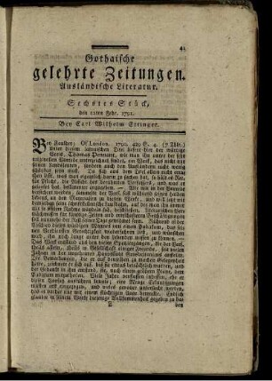 Sechstes Stück, den 12ten Febr. 1791.