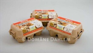 Drei Verpackungen für je sechs Eier aus Bodenhaltung
