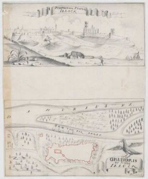 Prospect der Festung Illock [Ilok HR] (oben) Grundris der Festung Illock (unten)