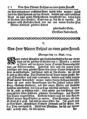 V. Von Herrn Pfarrer Bolzius an einen guten Freund.