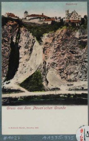 Postkarte mit Blick aus dem Plauenschen Grund zur Begerburg und zum Gasthaus zu Dölzschen bei Dresden