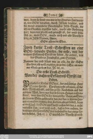 Die erste Trost-Schrifft. Von der wahren Erkäntniß Christi im Leben.
