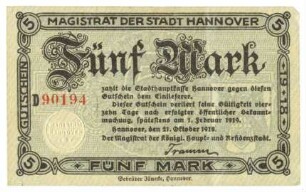 Notgeldschein: Stadt Hannover, 5 Mark