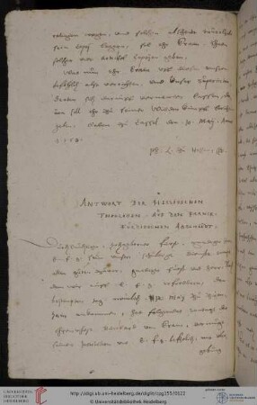 Hessische Theologen zum Frankfurter Rezeß 1558. Abschrift (unvollständig)