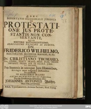 Dissertatio Inauguralis Iuridica De Protestatione Ius Protestantis Non Conservante