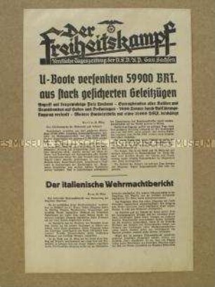Nachrichtenblatt der Tageszeitung der NSDAP Sachsen "Der Freiheitskampf" über den deutschen Angriff auf London