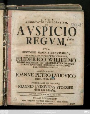 Dissertatio Ivris Gentivm, De Avspicio Regvm