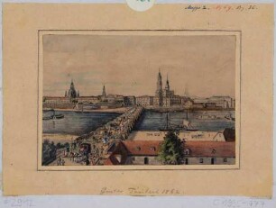 Ansicht von Dresden, Blick von der rechten Elbseite über die alte Augustusbrücke auf die Altstadt
