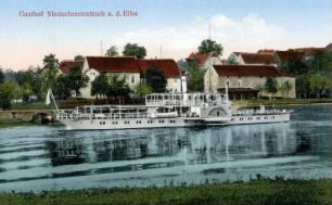 Niederlommatzsch. Gasthof mit Elbe und Dampfer Bodenbach