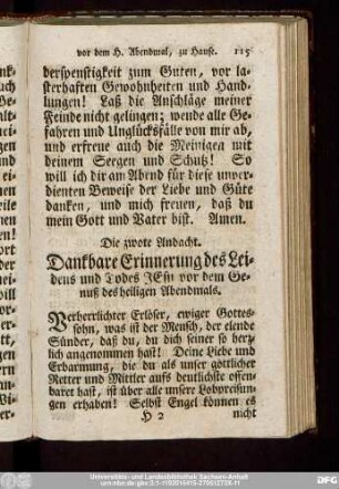 Die zwote Andacht. Dankbare Erinnerung des Leidens und Todes Jesu vor dem Genuß des heiligen Abendmals.