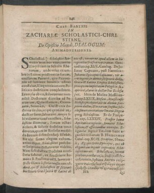 Casp. Barthii In Zachariae Scholastici-Christiani, De Opificio Mundi, Dialogum: Animadversiones.