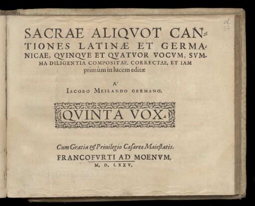 Jakob Meiland: Sacrae aliquot cantiones latinae et germanicae, quinque et quatuor vocum ... Quinta Vox