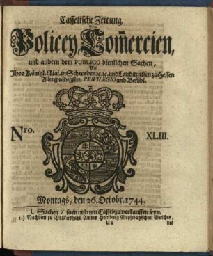Nro. XLIII, Montags, den 26. Octobr. 1744