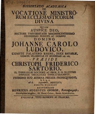 Dissertatio academica de vocatione ministrorum ecclesiasticorum divina