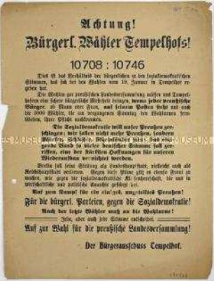 Aufruf des Bürgerausschusses Tempelhof zur Wahl der preußischen Landesversammlung 1919