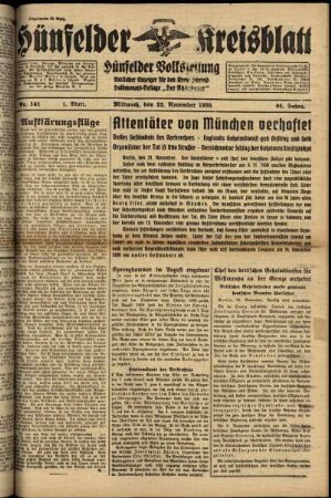 Erste Ausgabe vom Mittwoch, den 22. November 1939.