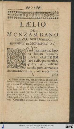 Laelio de Monzambano Trezolani Domino, Severinus de Monzambano S. P. D.