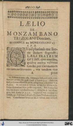 Laelio de Monzambano Trezolani Domino, Severinus de Monzambano S. P. D.
