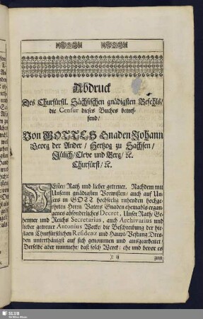 Abdruck Des Churfürstl. Sächsischen gnädigsten Befehls/ die Censur dieses Buches betreffend/