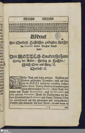 Abdruck Des Churfürstl. Sächsischen gnädigsten Befehls/ die Censur dieses Buches betreffend/