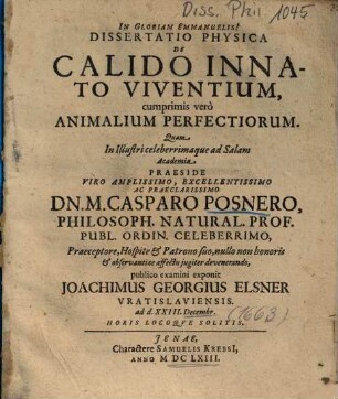 Dissertatio Physica De Calido Innato Viventium, cumprimis verò Animalium Perfectiorum