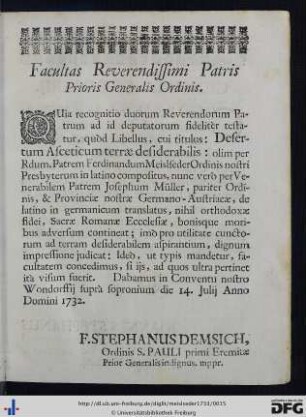 Facultas Reverendissimi Patris Prioris Generalis Ordinis - Censura Ordinarii.