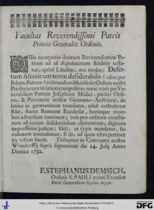 Facultas Reverendissimi Patris Prioris Generalis Ordinis - Censura Ordinarii.