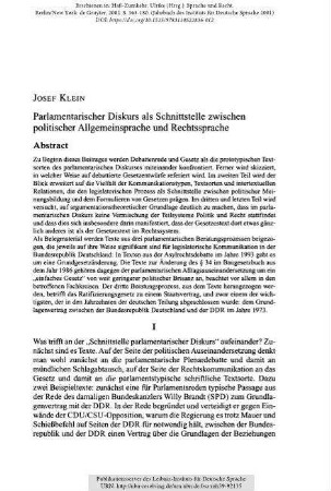 Parlamentarischer Diskurs als Schnittstelle zwischen politischer Allgemeinsprache und Rechtssprache