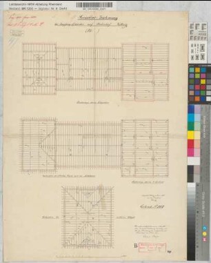 Revisions-Zeichnung des Empfangs-Gebäudes auf Bahnhof Kettwig: Balkenlage, Dachgespärre, M. 1:10 Hge, Sknr.: 2, Fanr.: 3, Bunr.: 2