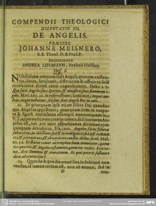 Disputatio VII. De Angelis, Praeside Johanne Meisnero, ... Respondente M. Andrea Lohmann