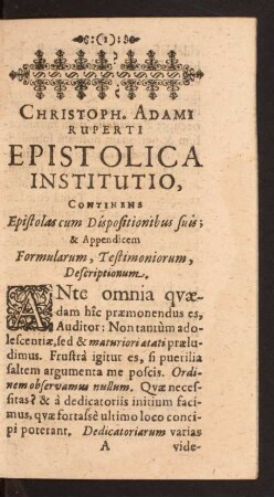 Christoph. Adami Ruperti Epistolica Institutio, Continens Epistolas Dispositionibus suis: