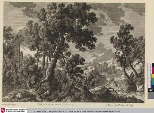 [Waldlandschaft mit Ruinen und einem Wasserfall rechts]
