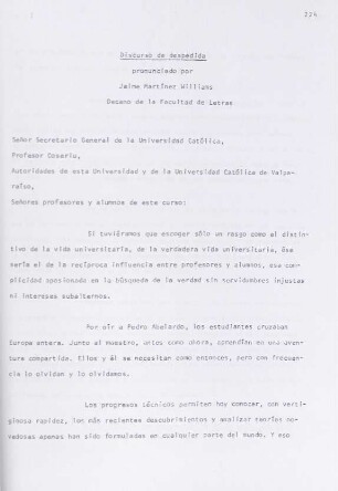 224-227, Discurso de despedida pronunciado por Jaime Martínez Williams, Decano de la Facultad de Letras