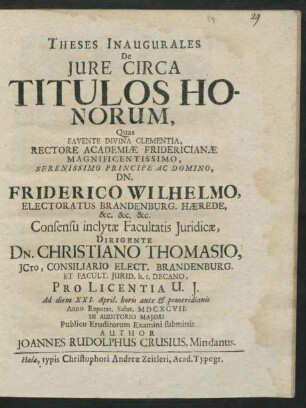 Theses Inaugurales De Iure Circa Titulos Honorum