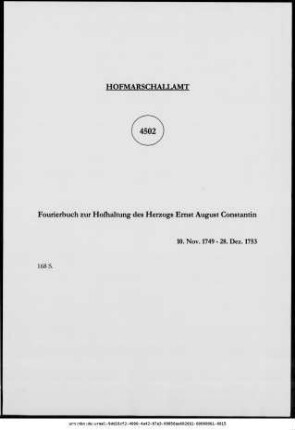 Fourierbuch zur Hofhaltung des Herzogs Ernst August Constantin