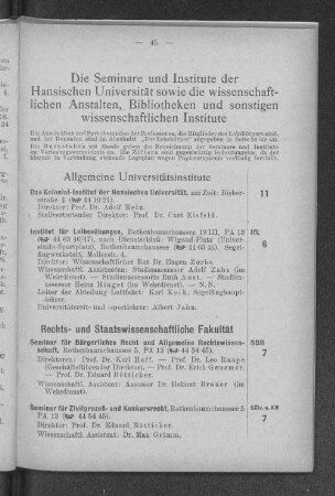 Die Seminare und Institute der Hansischen Universität sowie die wissenschaftlichen Anstalten, Bibliotheken und sonstigen wissenschaftlichen Institute