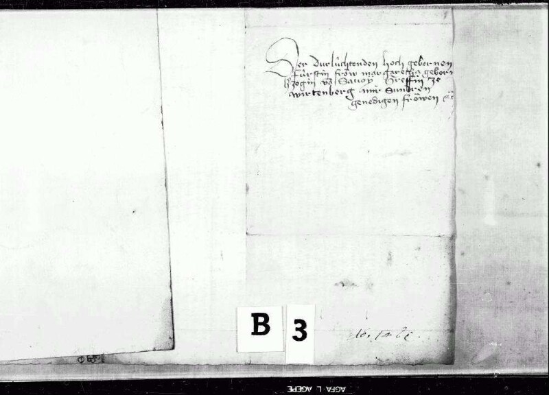 Briefwechsel der Gräfin. Darunter: Graf Ludwig 1449; Erzherzogin Mechthild 1468-79; Gräfin Barbara 1478; mit Baden 1461, 1472; Burgund 1454, 1462; Frankreich 1461; Herzog von Mailand 1473; Pfalz-Bayern 1455-78; Fürstin Jolante von Piemont 1475, 1460; Haus Savoyen 1453-74; Kloster Binsdorf 1470, 1471; Peter von Hagenbach, undat.; Schultheiß von Luzern Heinrich von Humwil 1469-72; Francois Malet 1456-65; Amtmann zu Möckmühl 1456-62; Schultheiß zu Backnang 1468-78; Dr. Heinrich Steinhöwel 1474; Graf Johann von Werdenberg 1467; Propst Ulrich Wirtemberger zu Stuttgart 1473; Komthur zu Ysenheim 1456, 1458.