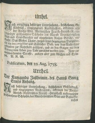Urthel. Der Kunigunda Justheimin ...