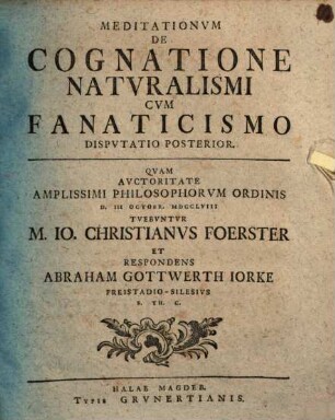 Meditationum De Cognatione Natvralismi Cum Fanaticismo Dispvtatio Posterior