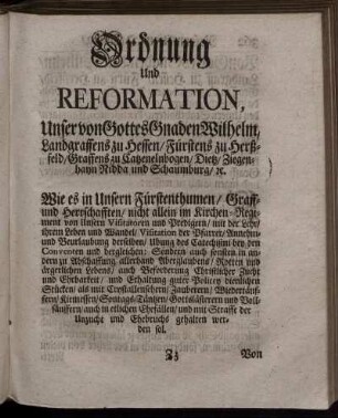 Das Erstes Capittel. Von Einigkeiten der Lehr und Predigern. - Das Achte Capittel. Von Kirmessen und Täntzen.